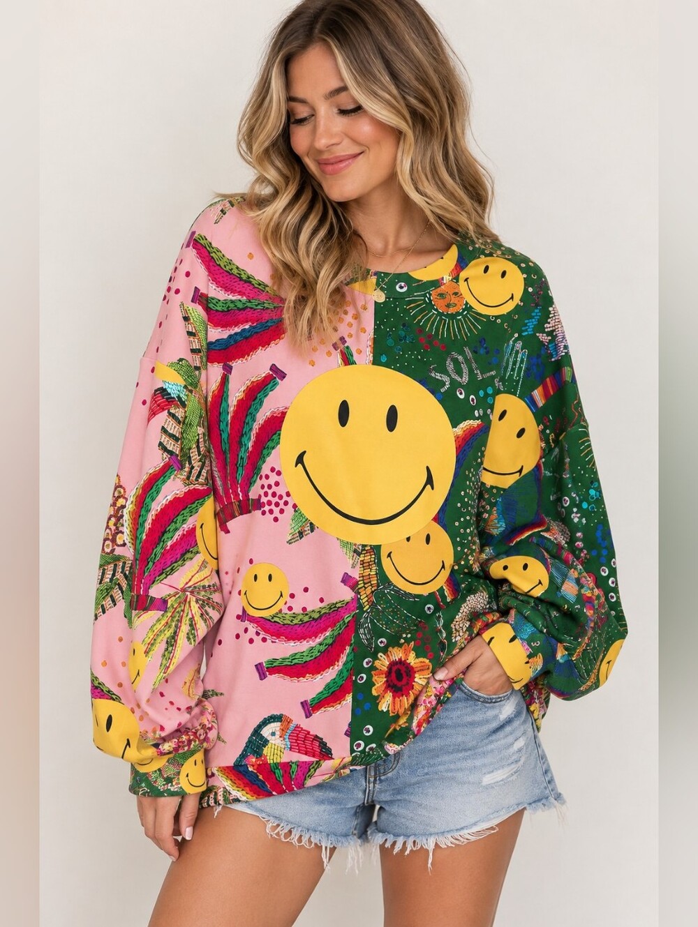 FARM Rio x Smiley Patchwork Oversized Sweatshirt Multicolor Size S